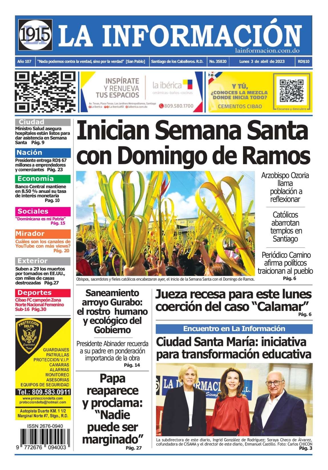 Portada Periódico La Información, Lunes 03 Abril, 2023