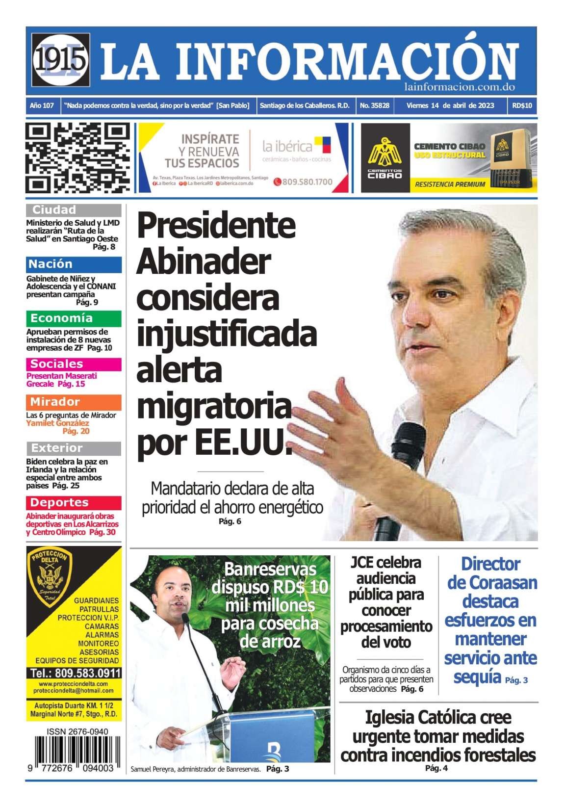 Portada Periódico La Información, Viernes 14 Abril, 2023