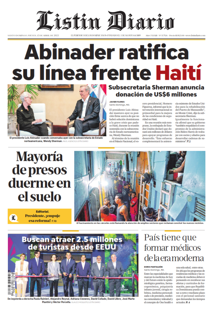 Portada Periódico Listín Diario, Jueves 13 Abril, 2023
