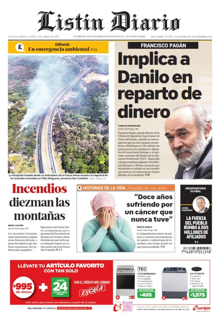Portada Periódico Listín Diario, Lunes 03 Abril, 2023