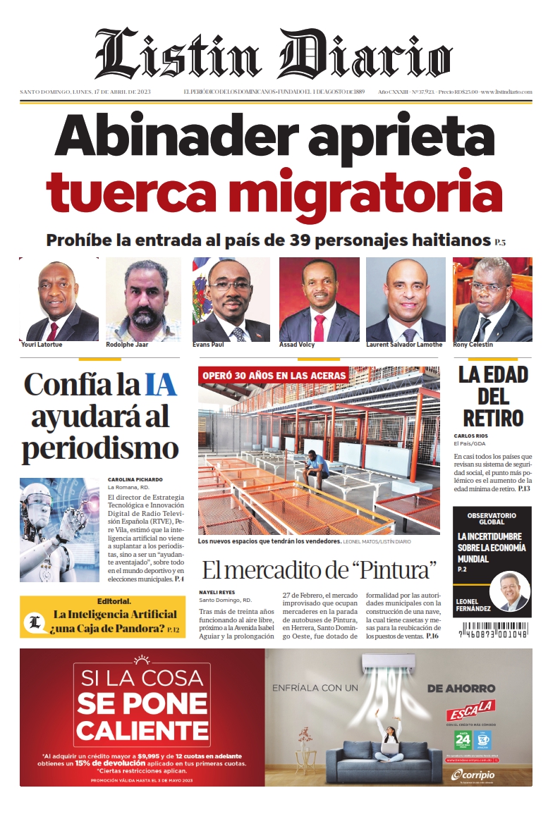 Portada Periódico Listín Diario, Lunes 17 Abril, 2023