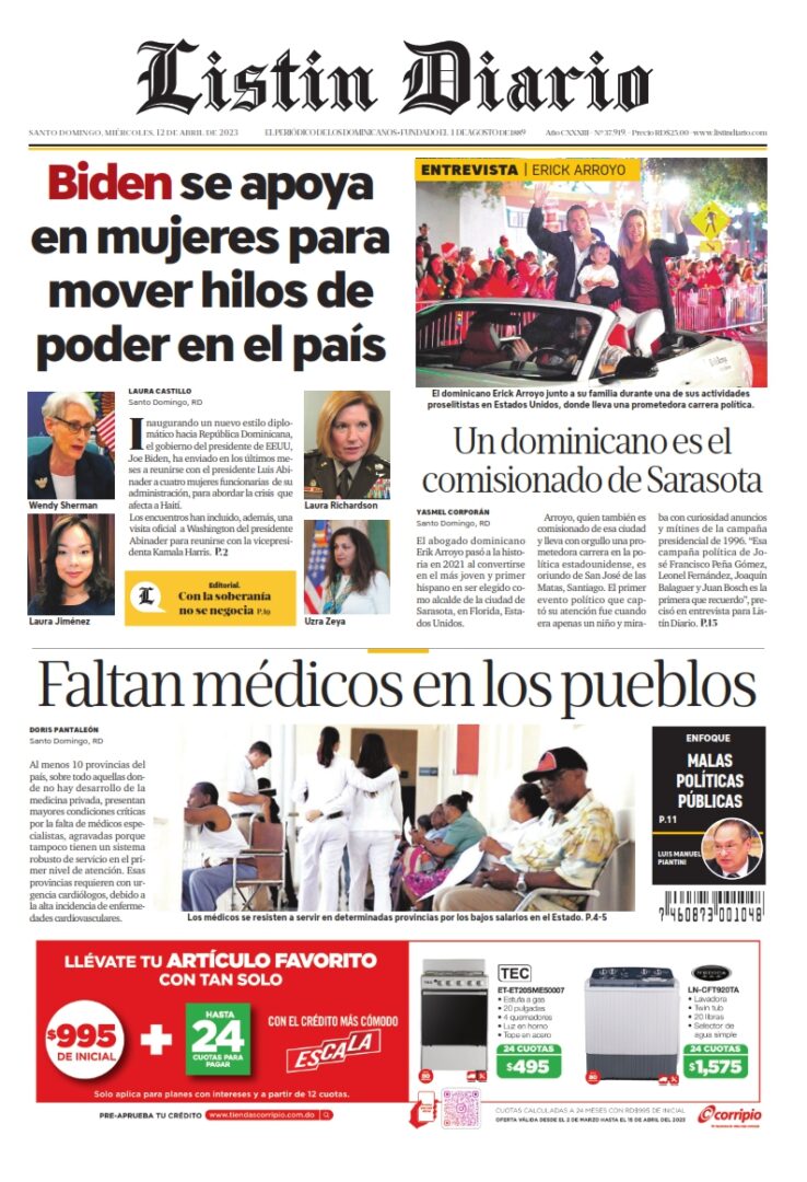 Portada Periódico Listín Diario, Miércoles 12 Abril, 2023