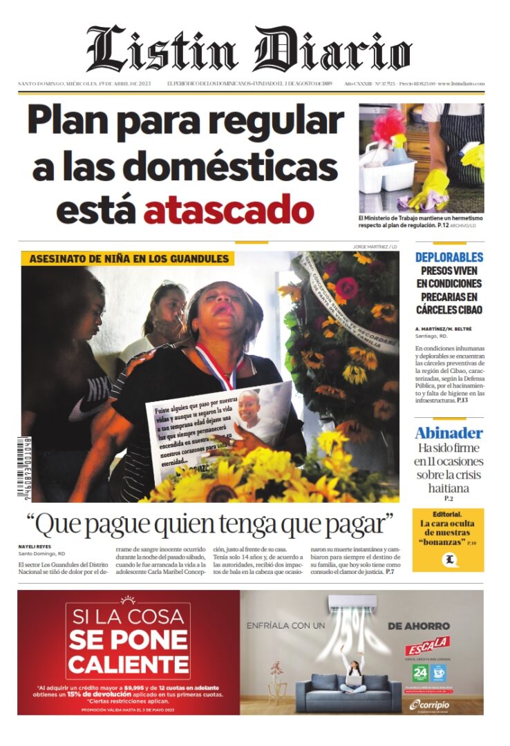 Portada Periódico Listín Diario, Miércoles 19 Abril, 2023