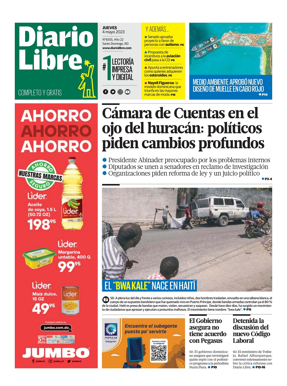 Portada Periódico Diario Libre, Jueves 04 Abril, 2023