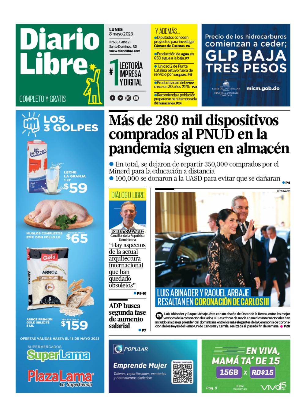 Portada Periódico Diario Libre, Lunes 08 Mayo, 2023