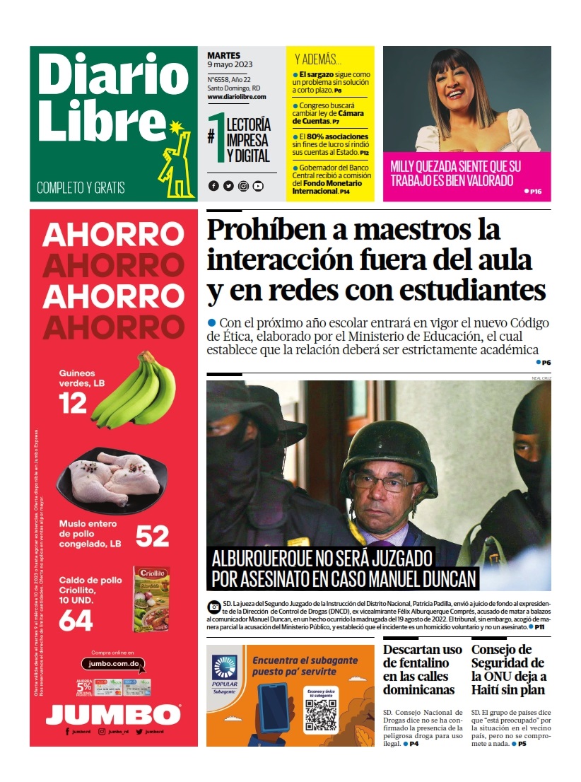 Portada Periódico Diario Libre, Martes 09 Mayo, 2023