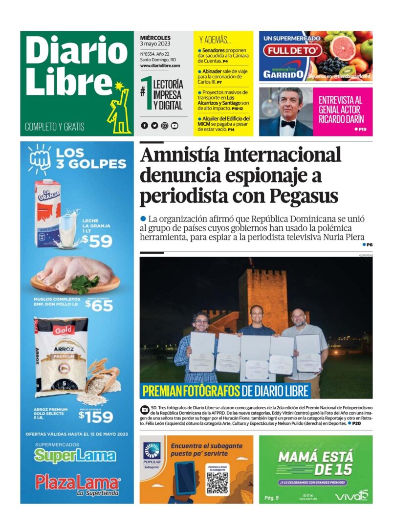 Portada Periódico Diario Libre, Miércoles 03 Abril, 2023