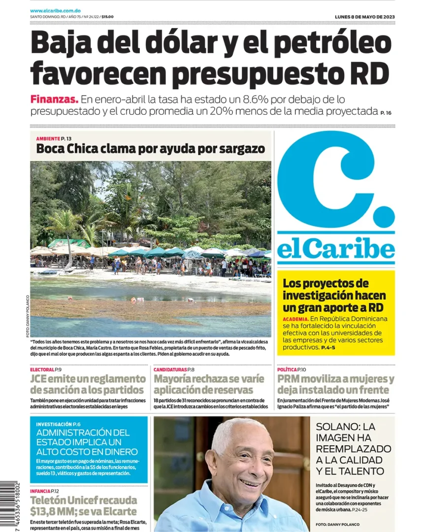 Portada Periódico El Caribe, Lunes 08 Mayo, 2023