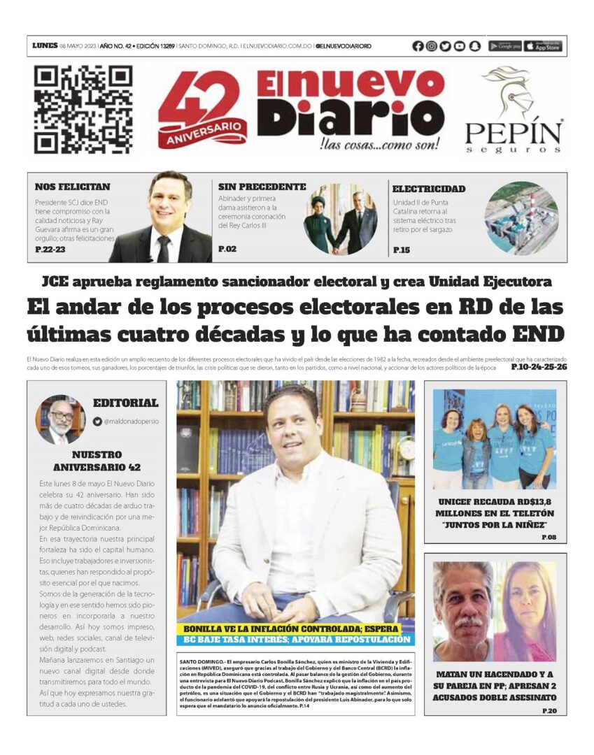 Portada Periódico El Nuevo Diario, Lunes 08 Mayo, 2023