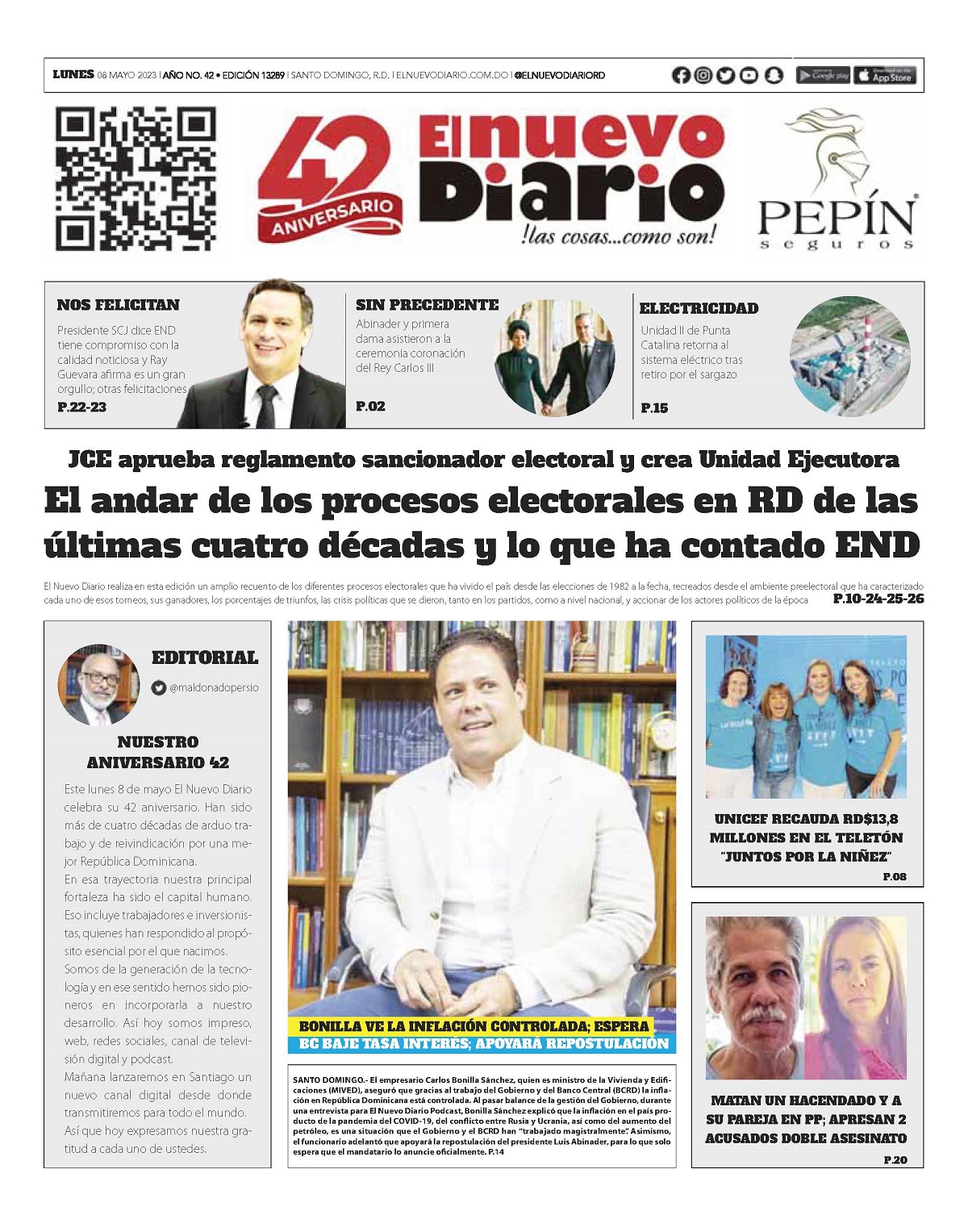 Portada Periódico El Nuevo Diario, Lunes 08 Mayo, 2023