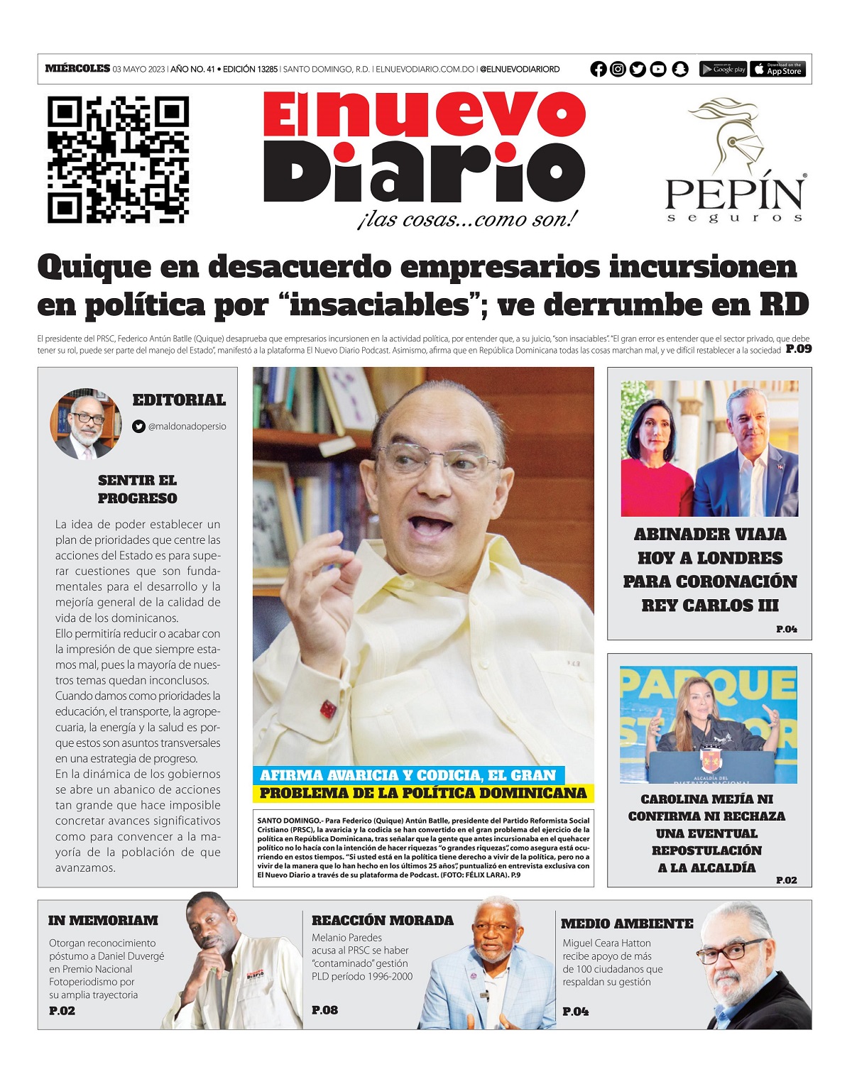 Portada Periódico El Nuevo Diario, Miércoles 03 Abril, 2023