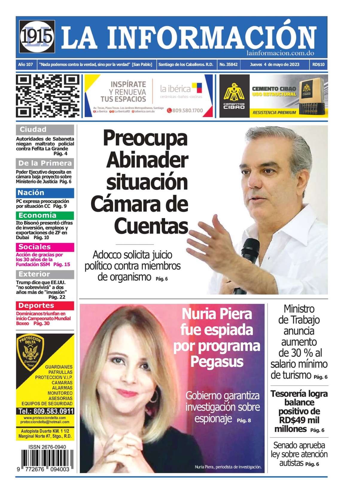 Portada Periódico La Información, Jueves 04 Abril, 2023
