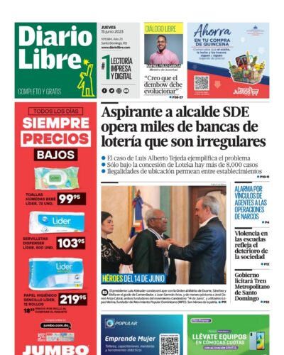 Portada Periódico Diario Libre, Jueves 15 Junio, 2023
