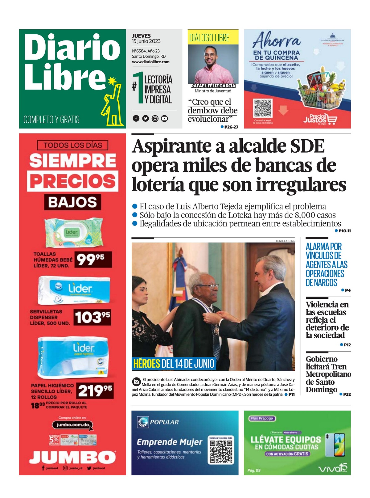 Portada Periódico Diario Libre, Jueves 15 Junio, 2023