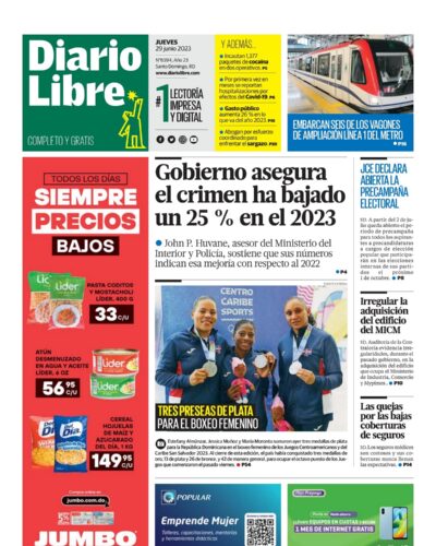 Portada Periódico Diario Libre, Jueves 29 Junio, 2023