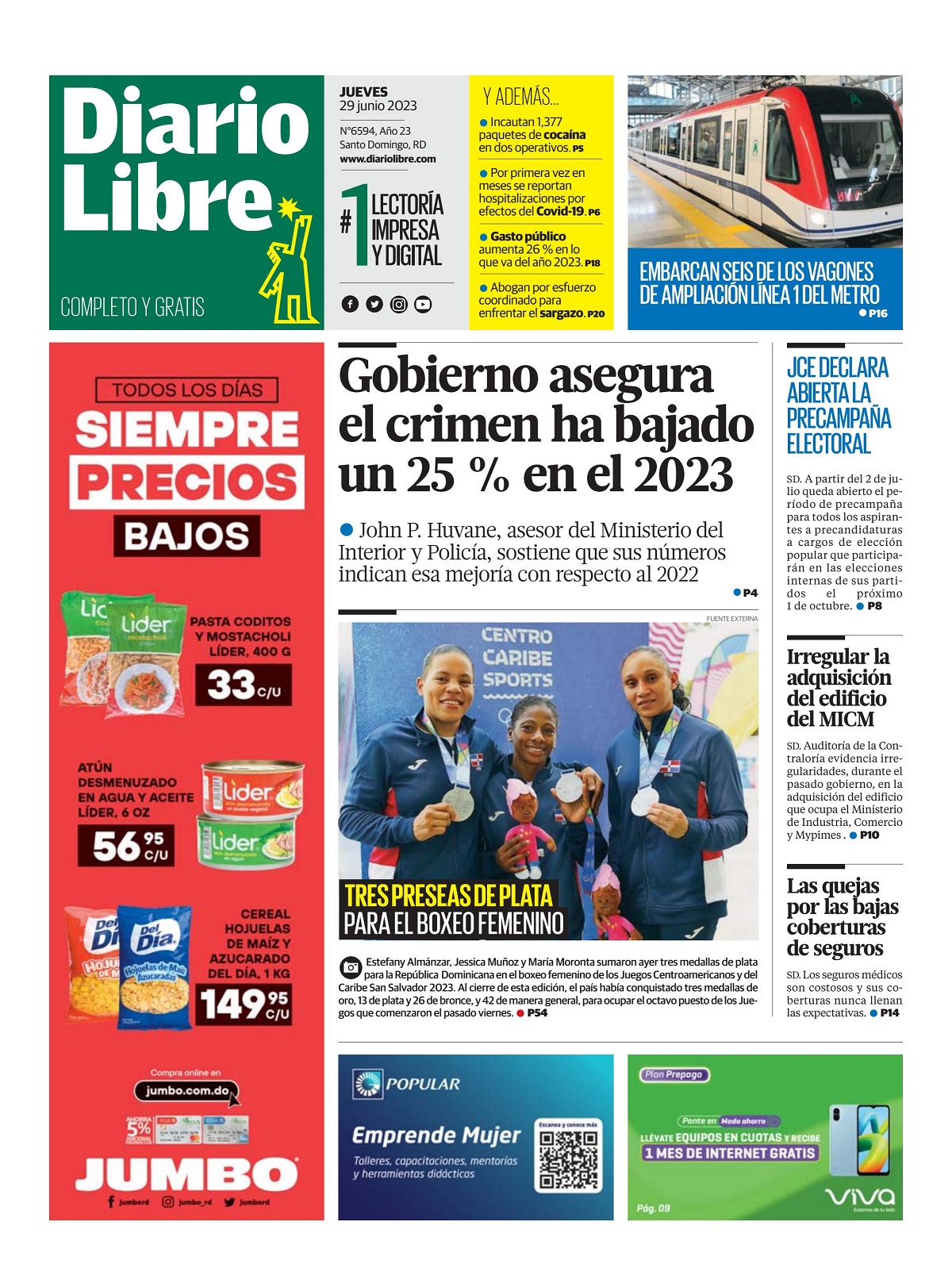 Portada Periódico Diario Libre, Jueves 29 Junio, 2023
