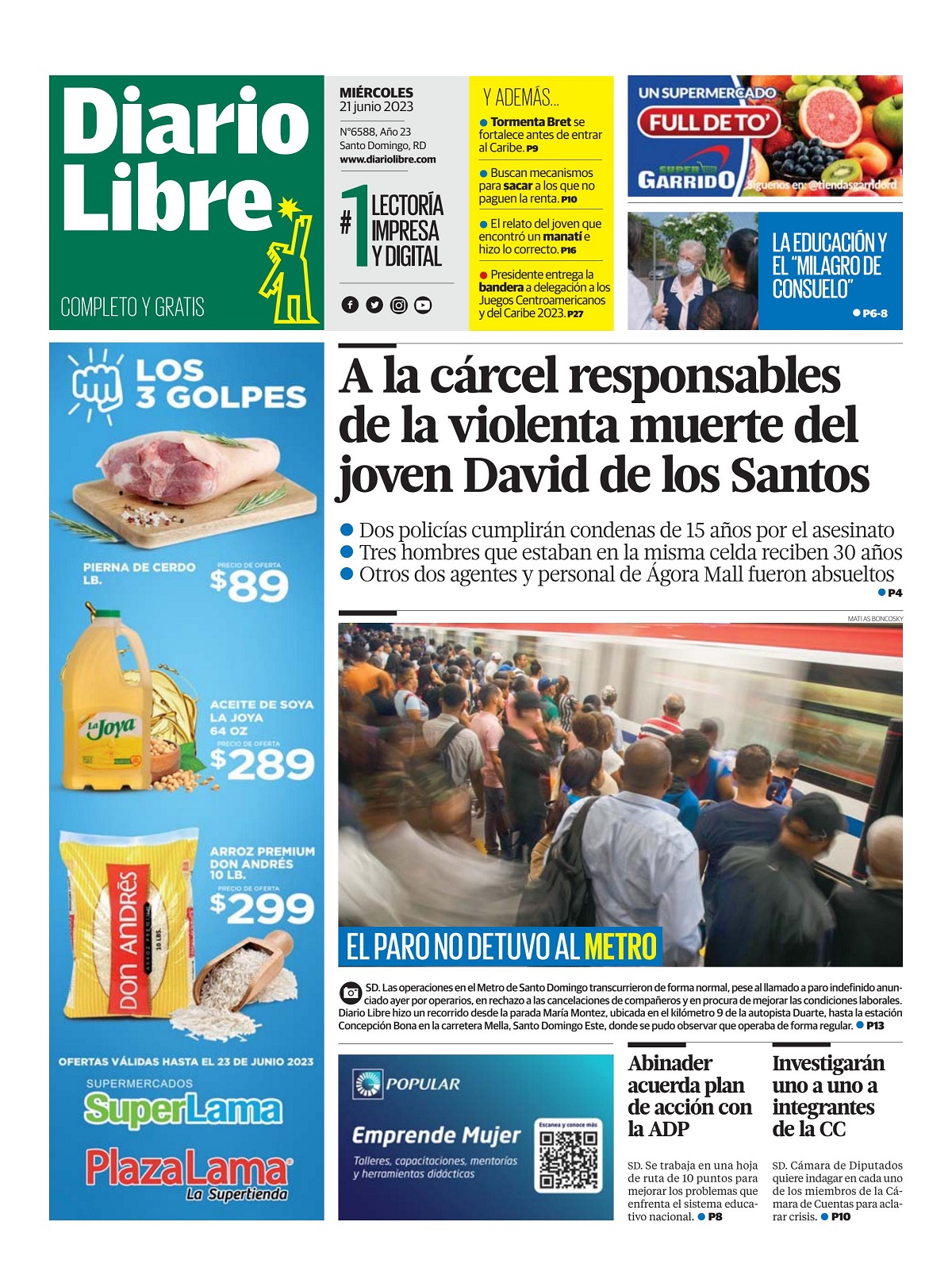 Portada Periódico Diario Libre, Miércoles 21 Junio, 2023