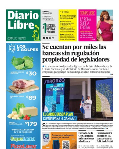 Portada Periódico Diario Libre, Viernes 16 Junio, 2023