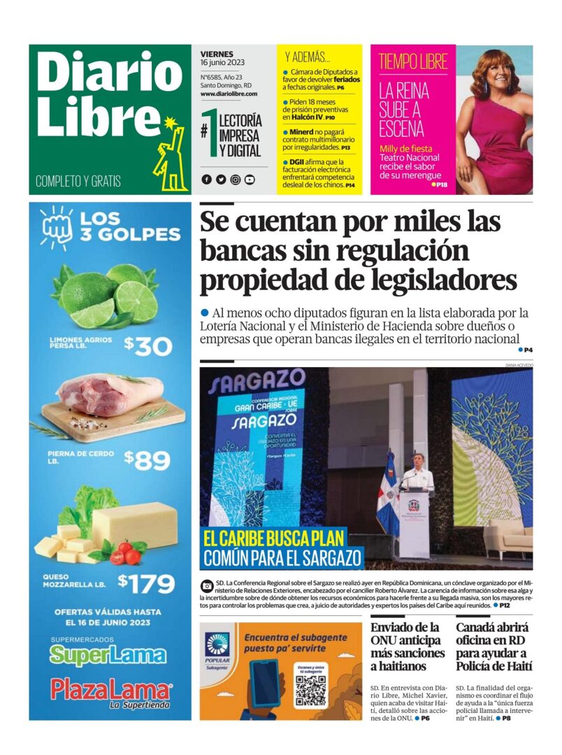Portada Periódico Diario Libre, Viernes 16 Junio, 2023