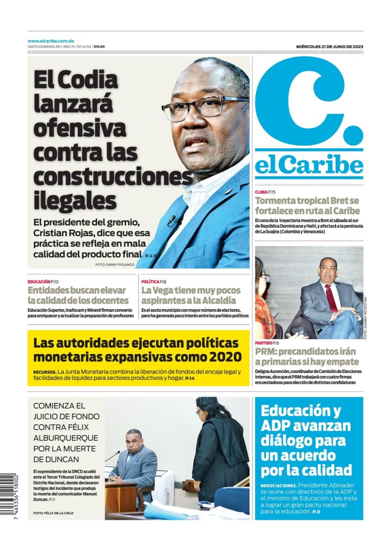 Portada Periódico El Caribe, Miércoles 21 Junio, 2023