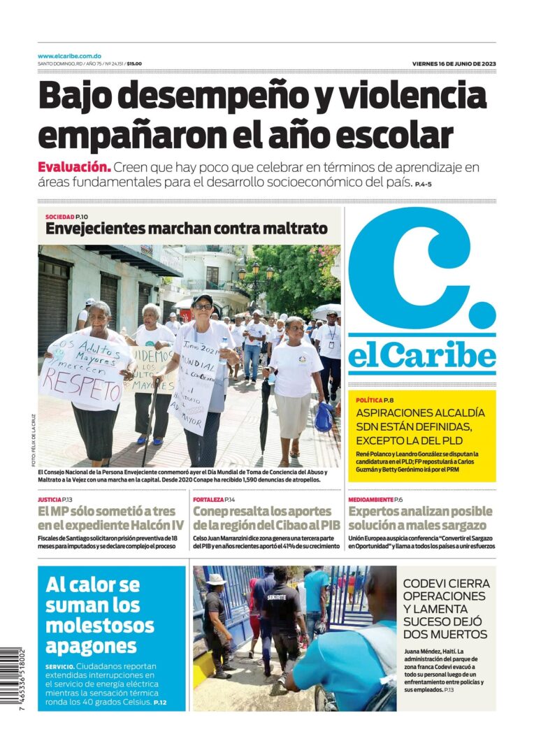 Portada Periódico El Caribe, Viernes 16 Junio, 2023