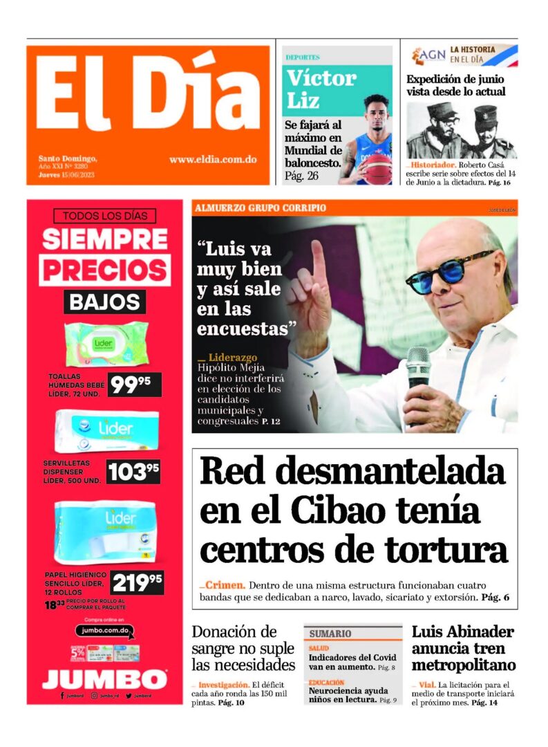 Portada Periódico El Día, Jueves 15 Junio, 2023