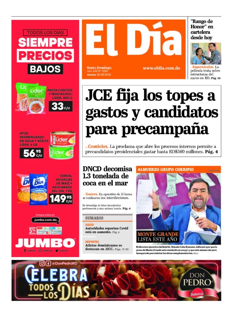 Portada Periódico El Día, Jueves 29 Junio, 2023