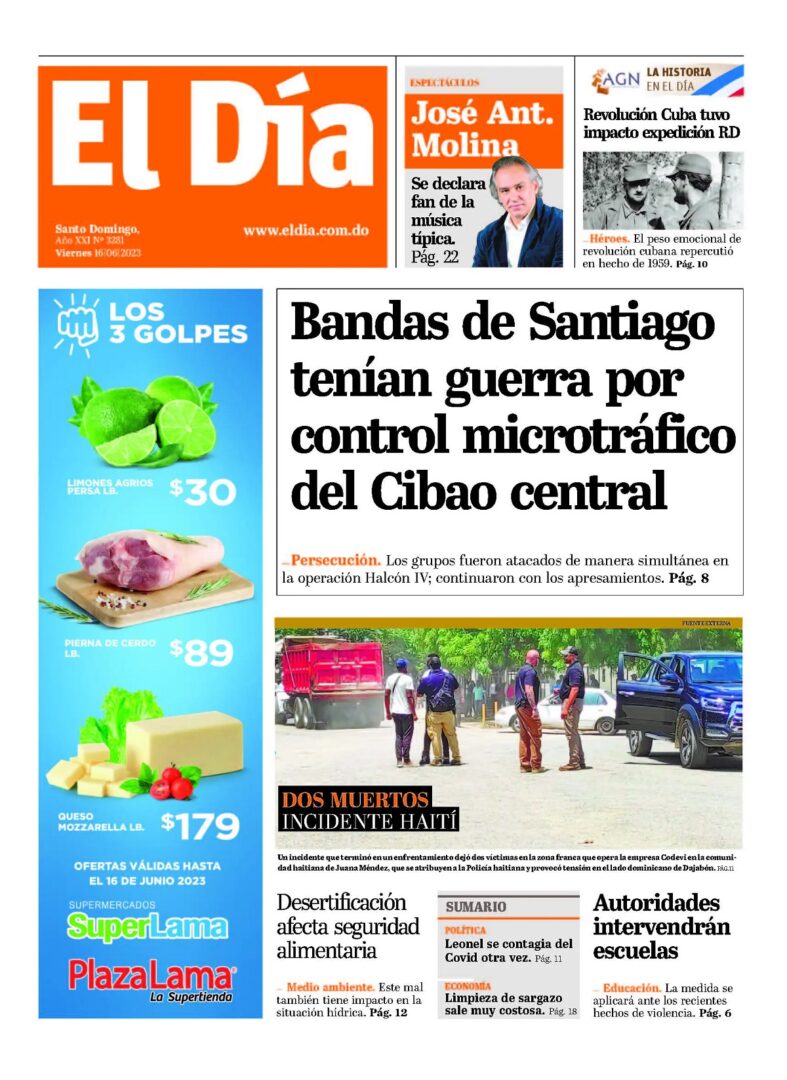 Portada Periódico El Día, Viernes 16 Junio, 2023