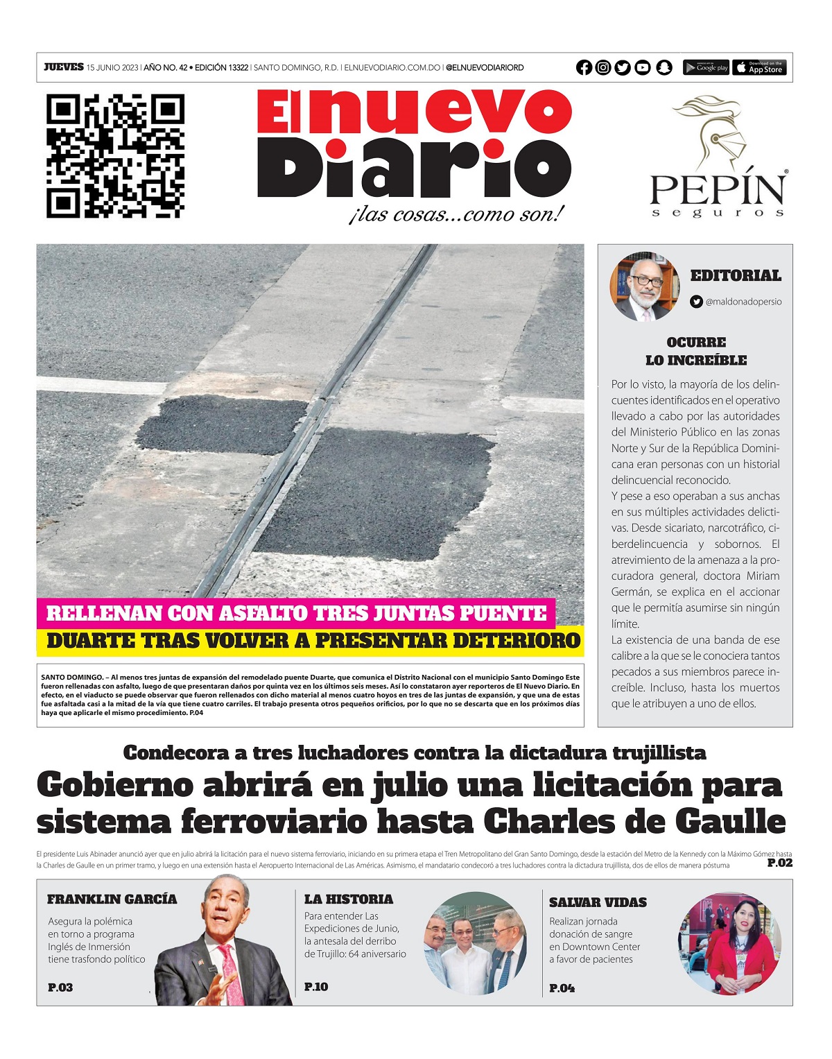 Portada Periódico El Nuevo Diario, Jueves 15 Junio, 2023