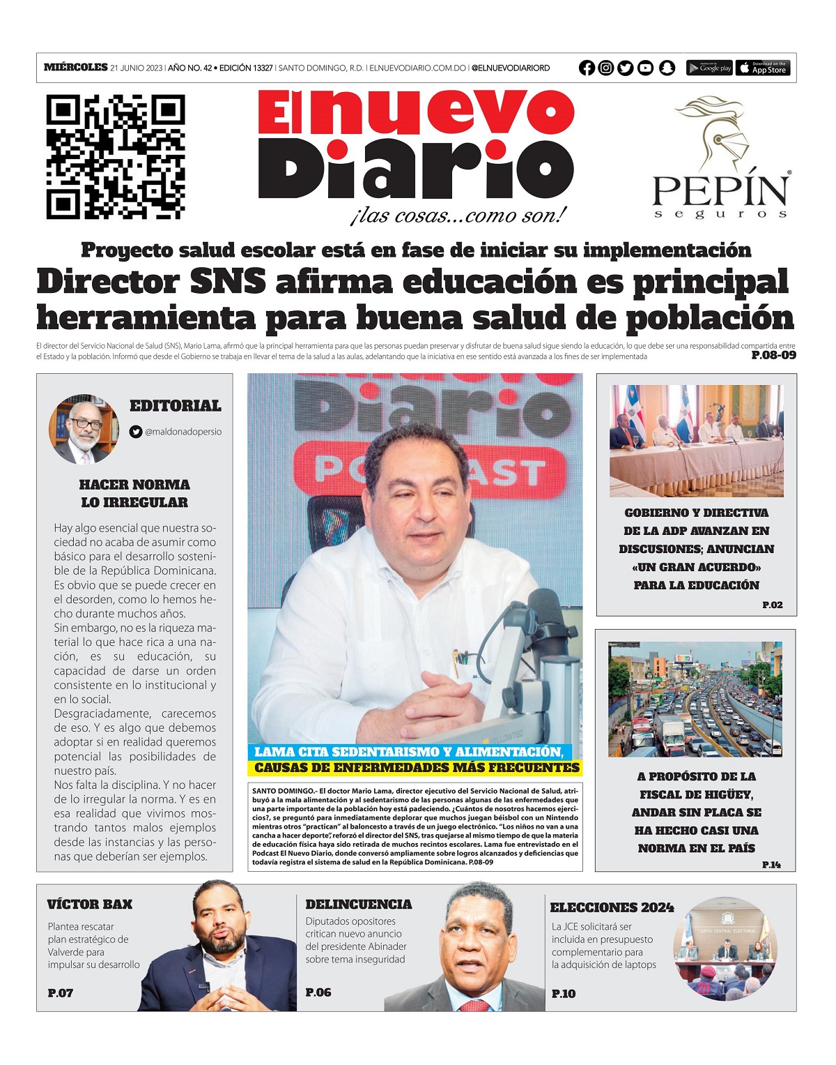Portada Periódico El Nuevo Diario, Miércoles 21 Junio, 2023