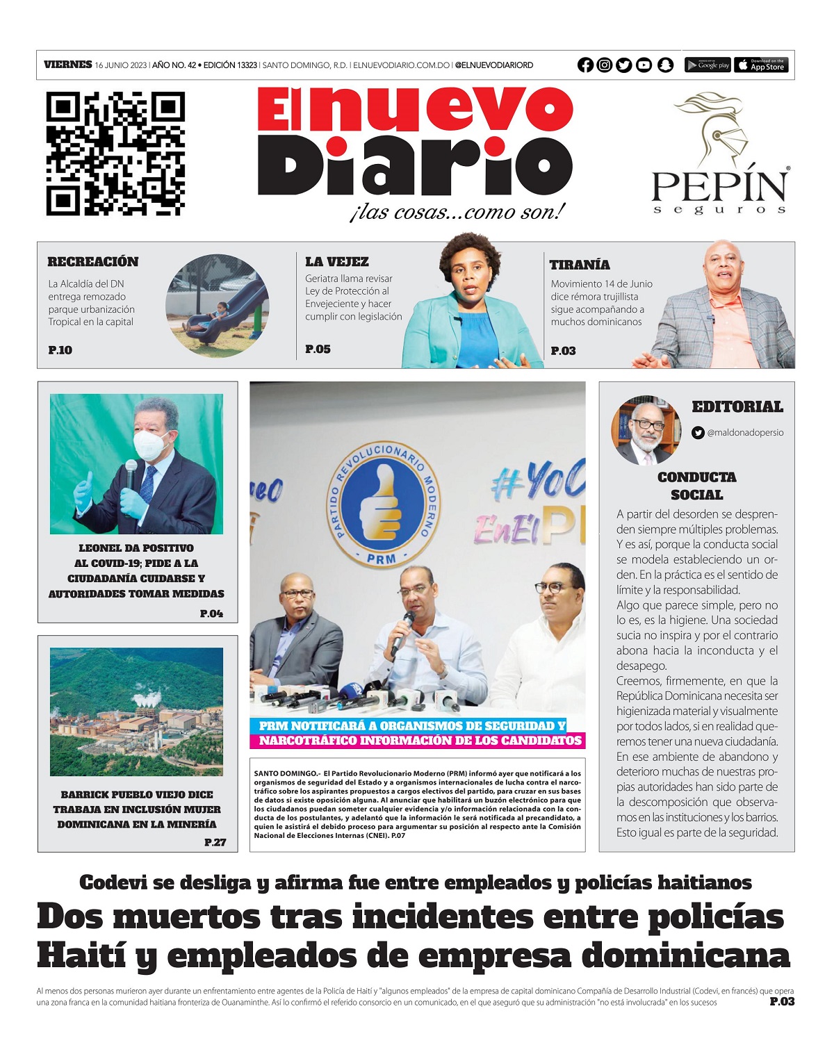Portada Periódico El Nuevo Diario, Viernes 16 Junio, 2023