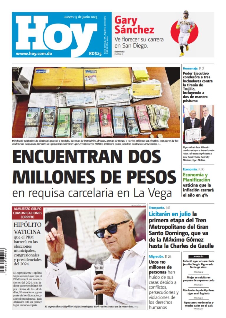 Portada Periódico Hoy, Jueves 15 Junio, 2023