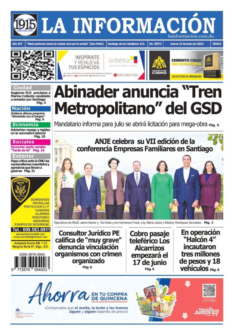 Portada Periódico La Información, Jueves 15 Junio, 2023