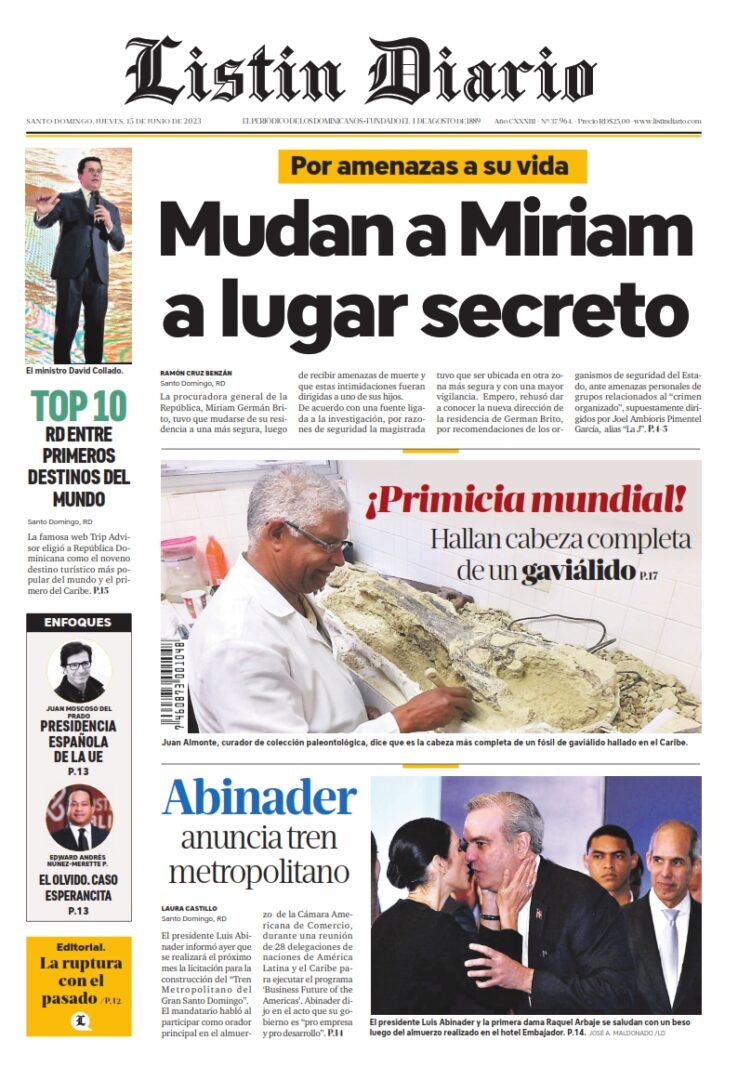 Portada Periódico Listín Diario, Jueves 15 Junio, 2023
