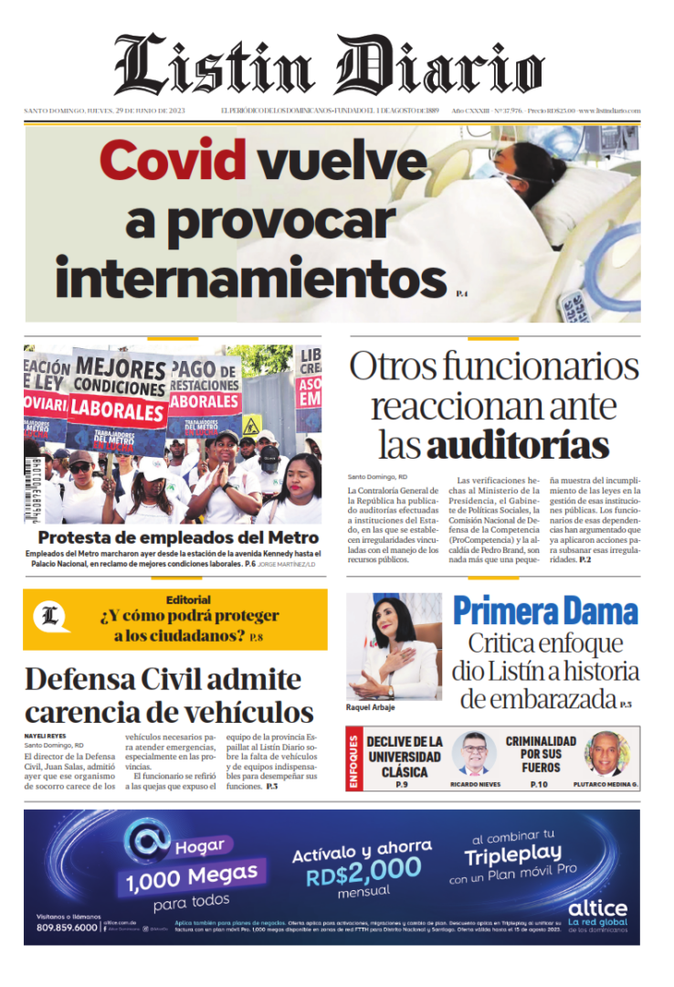 Portada Periódico Listín Diario, Jueves 29 Junio, 2023