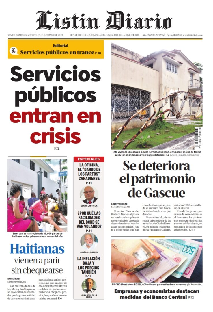 Portada Periódico Listín Diario, Miércoles 21 Junio, 2023