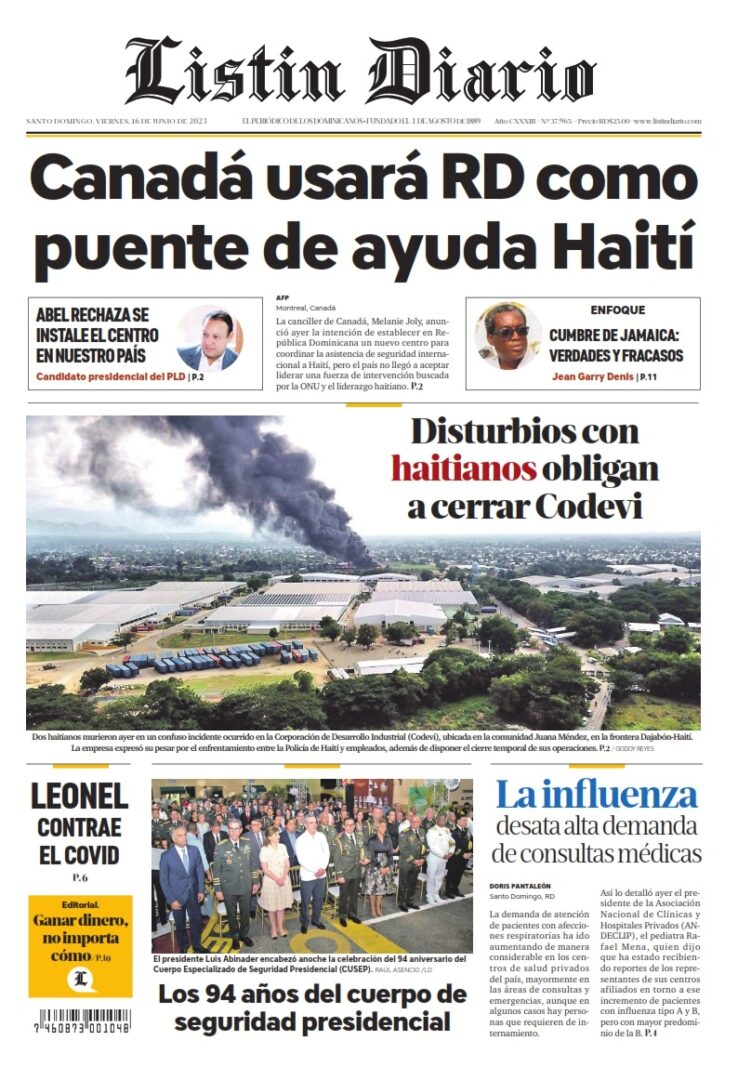 Portada Periódico Listín Diario, Viernes 16 Junio, 2023