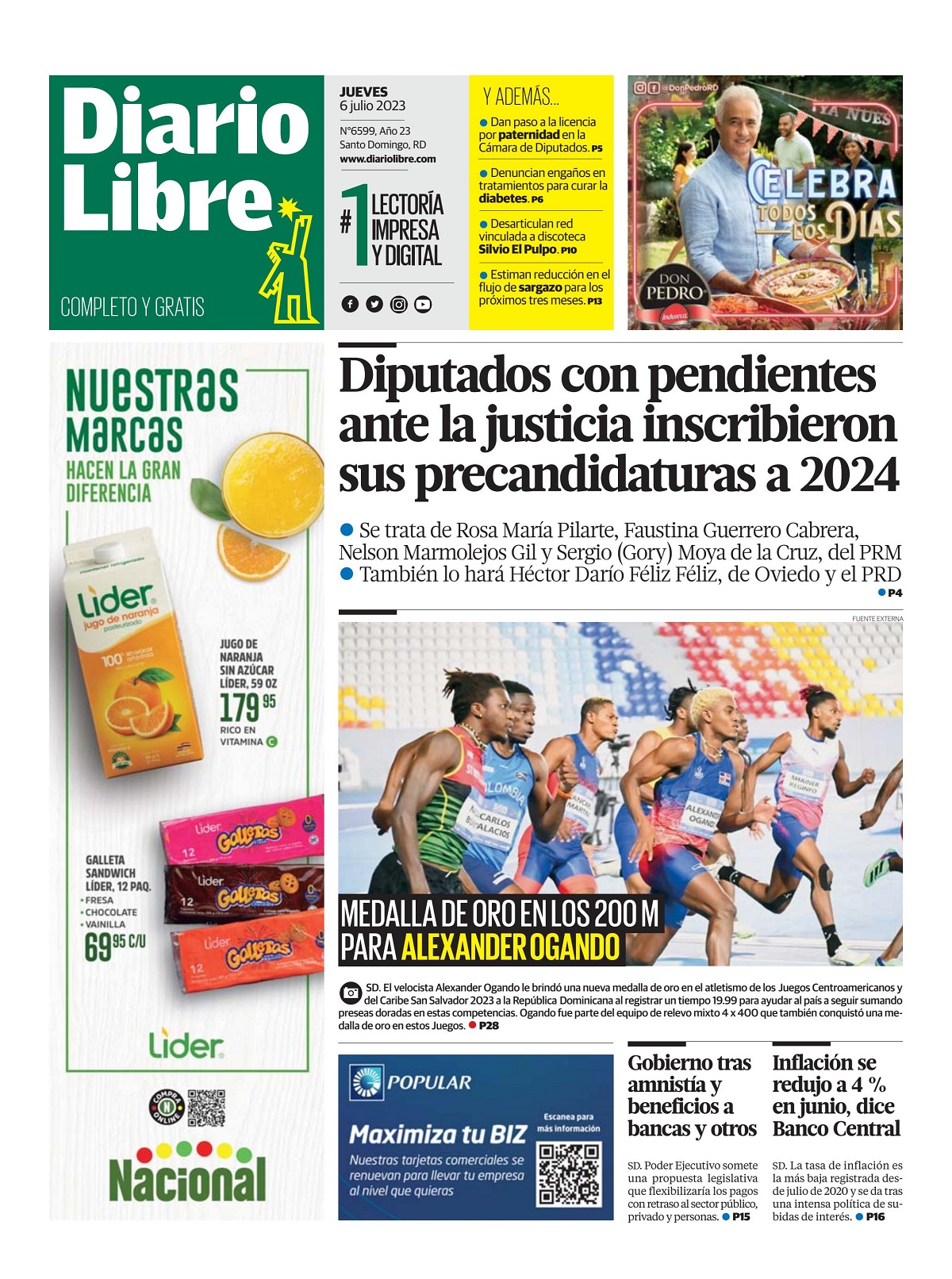 Portada Periódico Diario Libre, Jueves 06 Julio, 2023