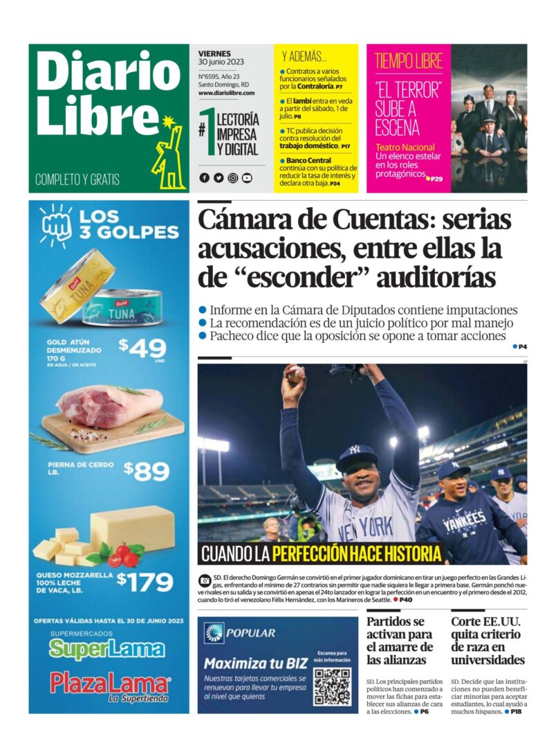Portada Periódico Diario Libre, Lunes 03 Julio, 2023