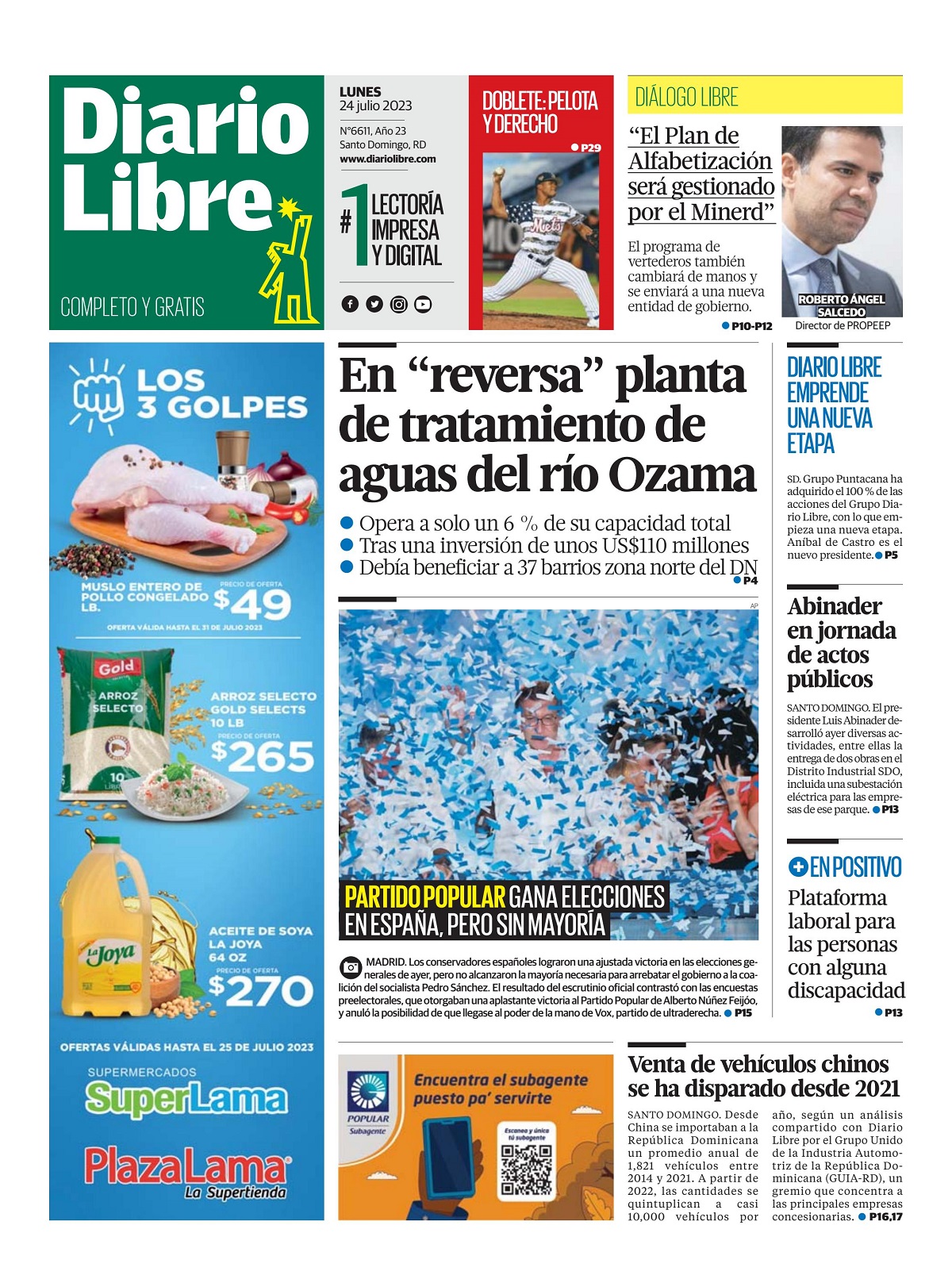 Portada Periódico Diario Libre, Lunes 24 Julio, 2023