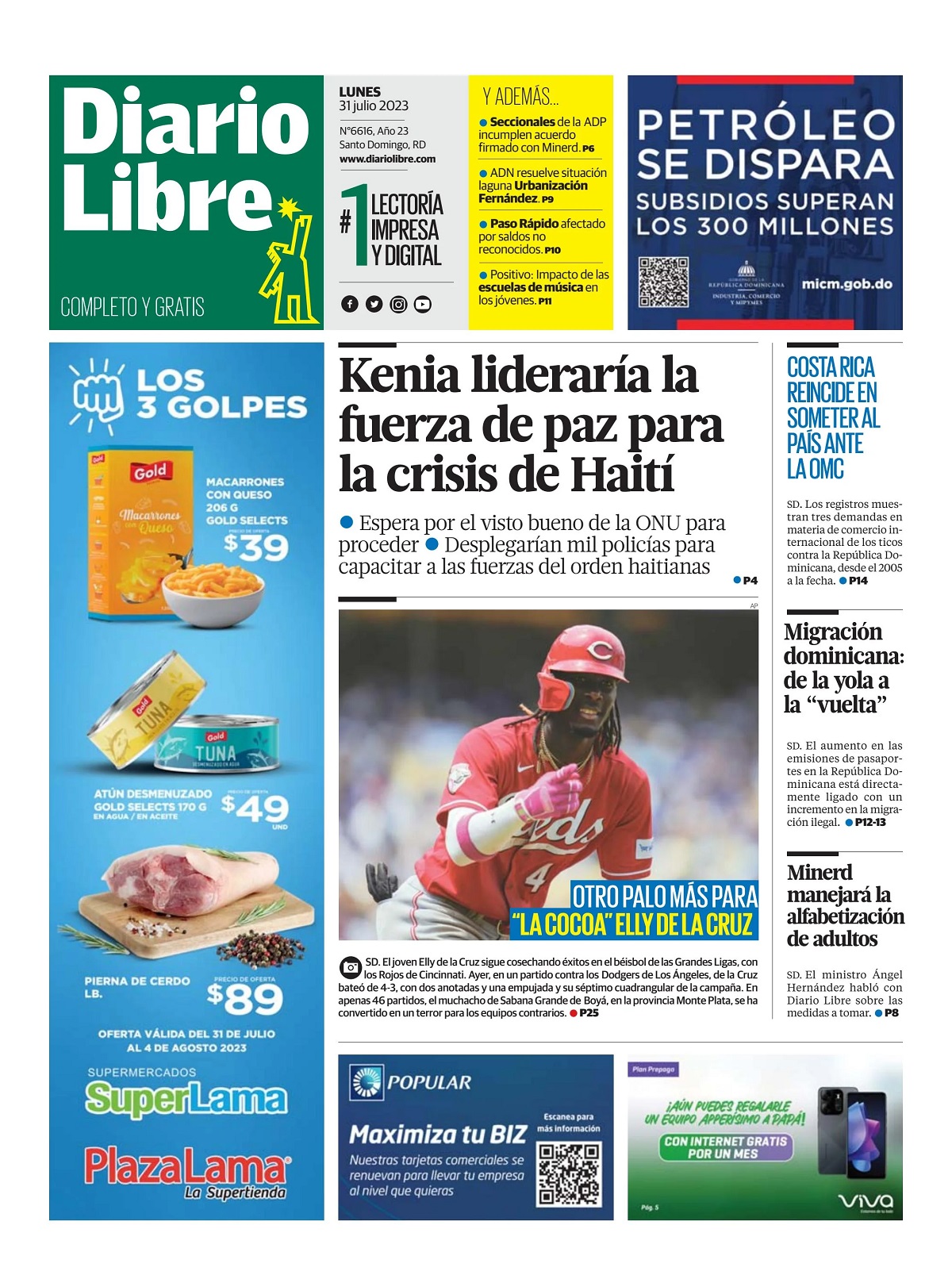 Portada Periódico Diario Libre, Lunes 31 Julio, 2023