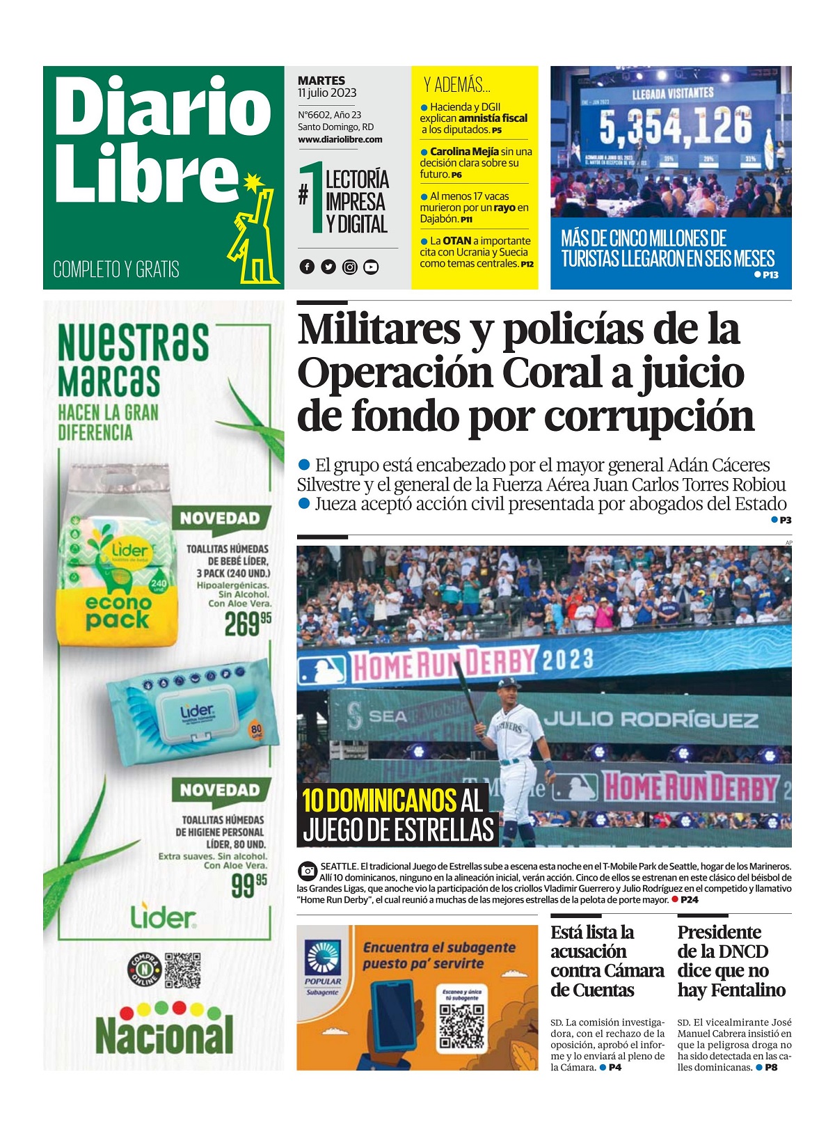 Portada Periódico Diario Libre, Martes 11 Julio, 2023