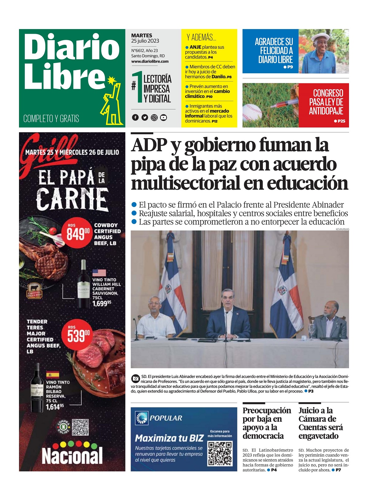 Portada Periódico Diario Libre, Martes 25 Julio, 2023