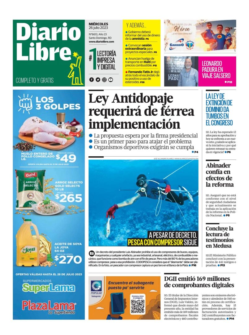 Portada Periódico Diario Libre, Miércoles 26 Julio, 2023