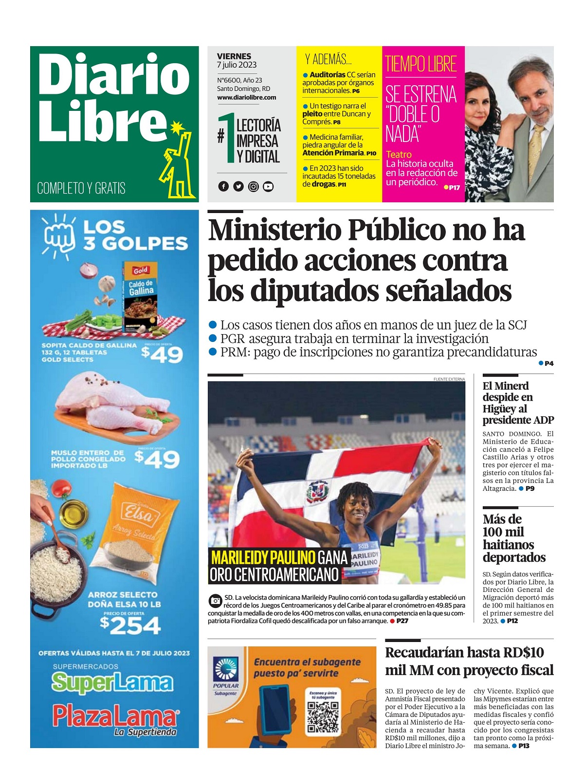 Portada Periódico Diario Libre, Viernes 07 Julio, 2023