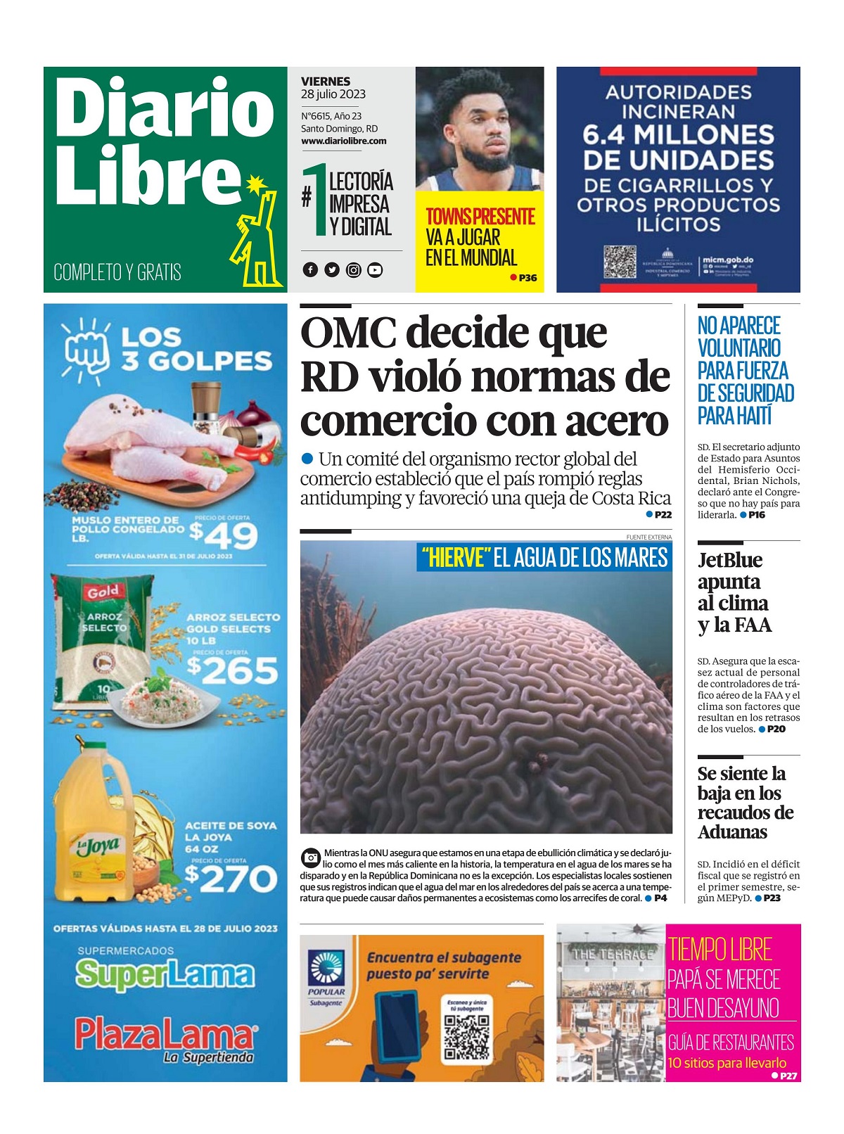 Portada Periódico Diario Libre, Viernes 28 Julio, 2023