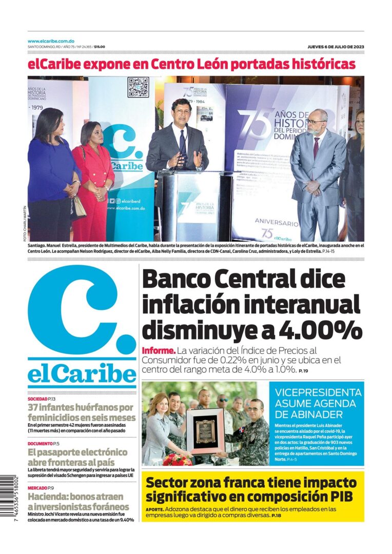 Portada Periódico El Caribe, Jueves 06 Julio, 2023
