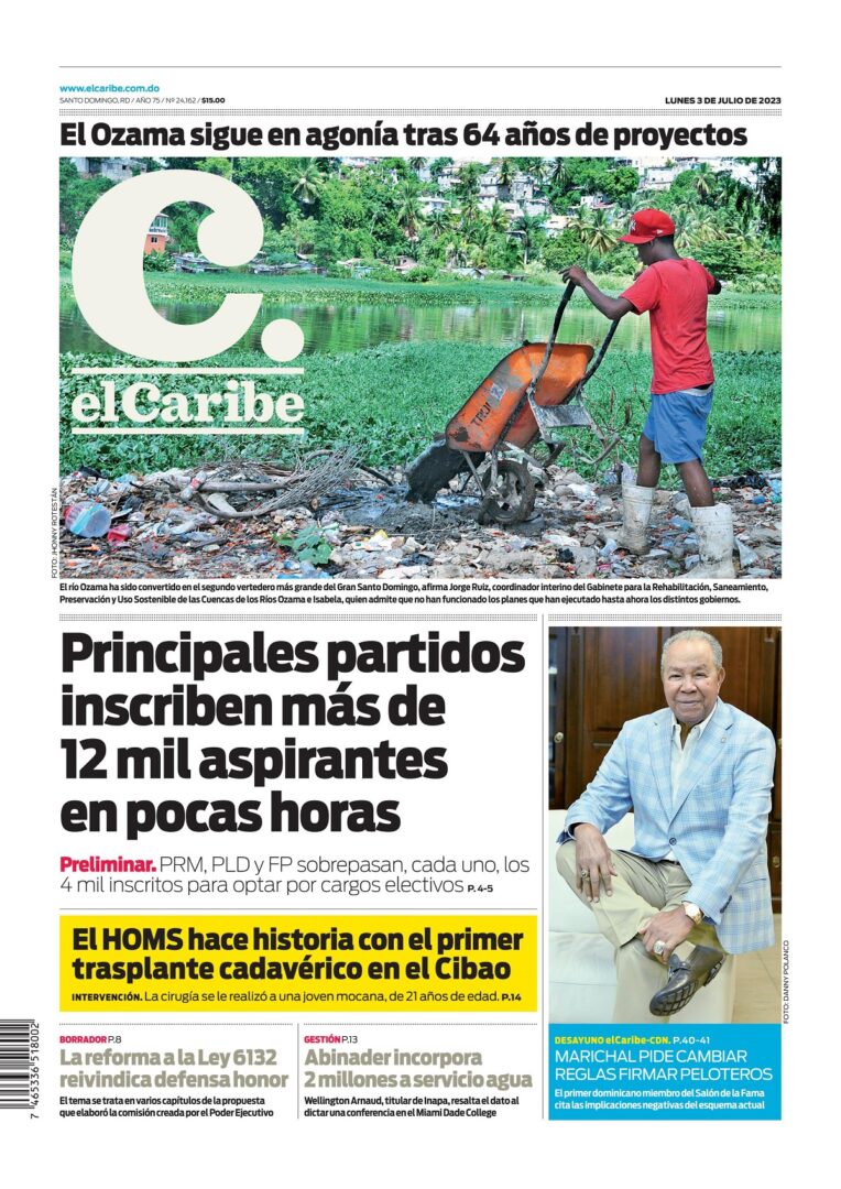 Portada Periódico El Caribe, Lunes 03 Julio, 2023