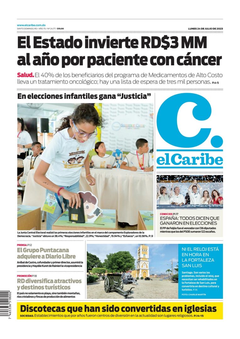 Portada Periódico El Caribe, Lunes 24 Julio, 2023