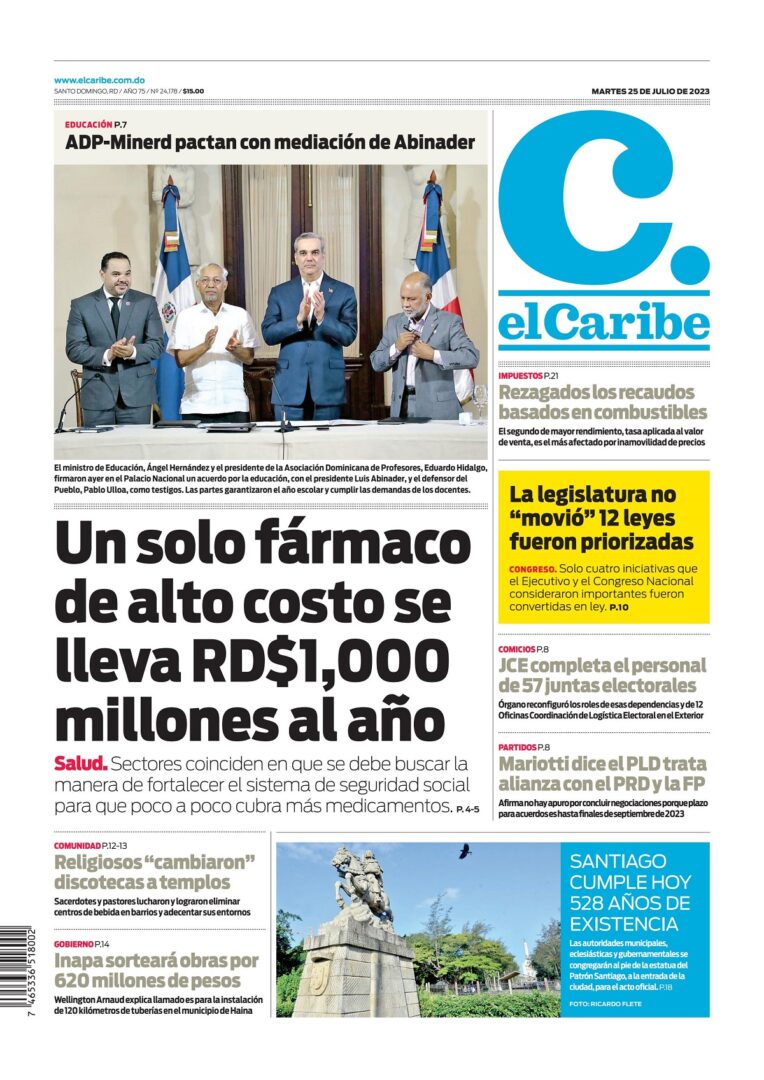 Portada Periódico El Caribe, Martes 25 Julio, 2023